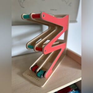 LOVEVERY Wooden Race Car Track with two cars - EUC